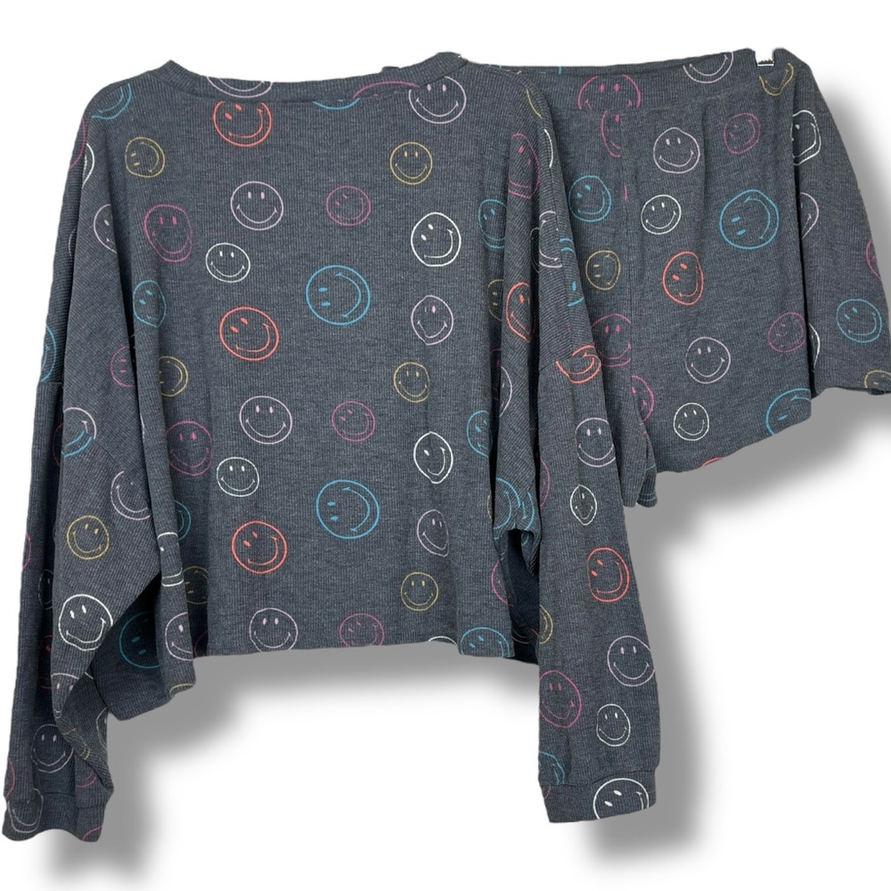 American Eagle Relaxed Waffle Knit Smiley Black Charcoal Pajama PJ Set size XL - Picture 3 of 7